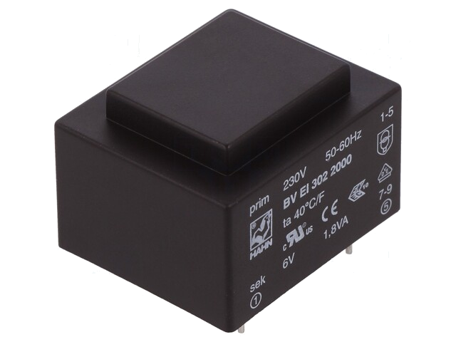 Transformator: ingegoten; 1,8VA; 230VAC; 6V; 300mA; PCB; BVEI Transformator: ingegoten; 1,8VA; 230VAC; 6V; 300mA; PCB; BVEI